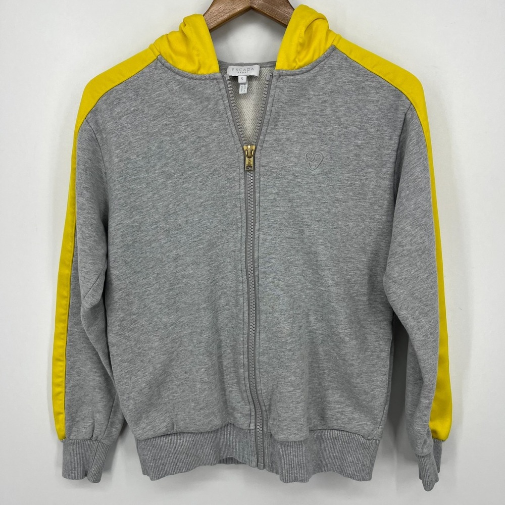Escada Sport Full Zip Hoodie Women's Size S Gray Yellow Embroidered Logo Pockets